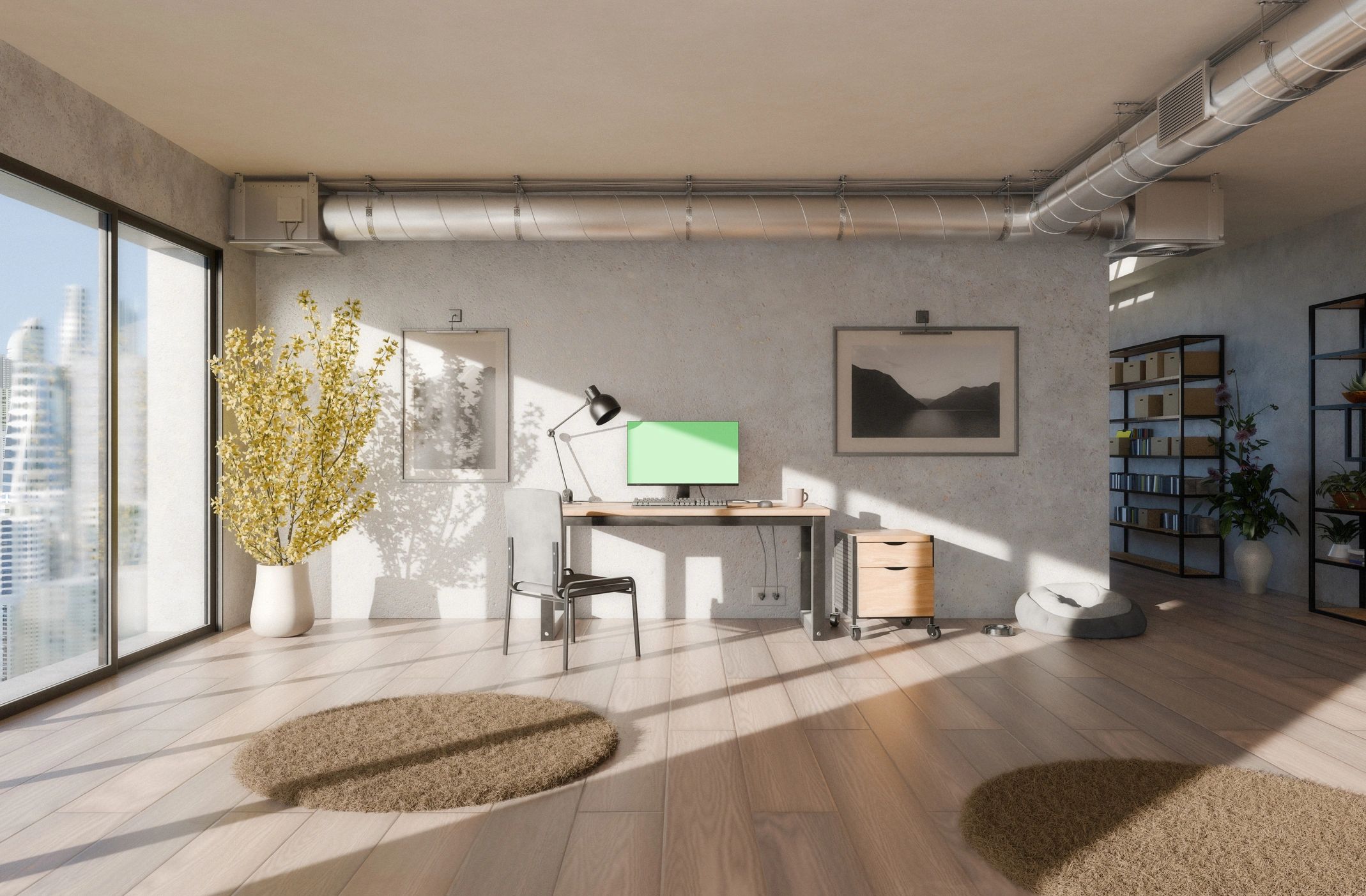 Modern interior design workspace with natural light and refined styling